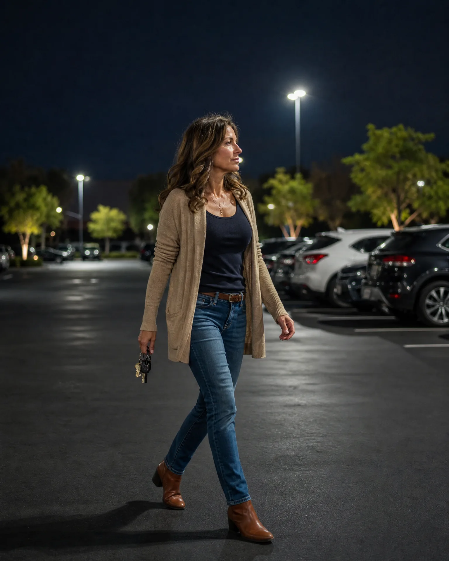 A woman in a tan cardigan, dark top, jeans and brown ankle boots walks across a parking lot at night holding keys, with parked cars, trees and light poles behind her.