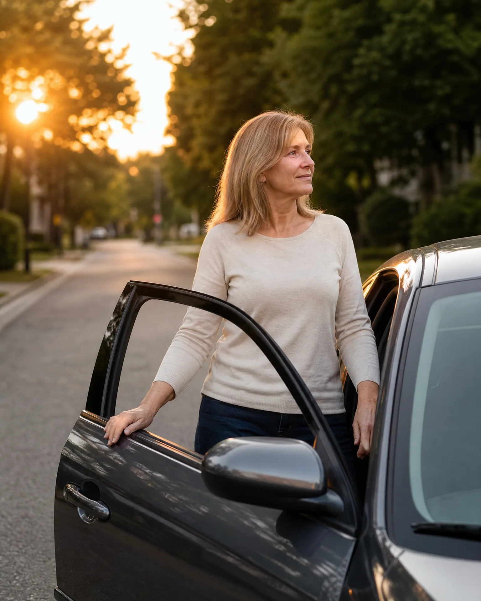 A woman in a cream sweater and jeans stands beside an open car door on a tree-lined residential street at sunset, looking to her left.