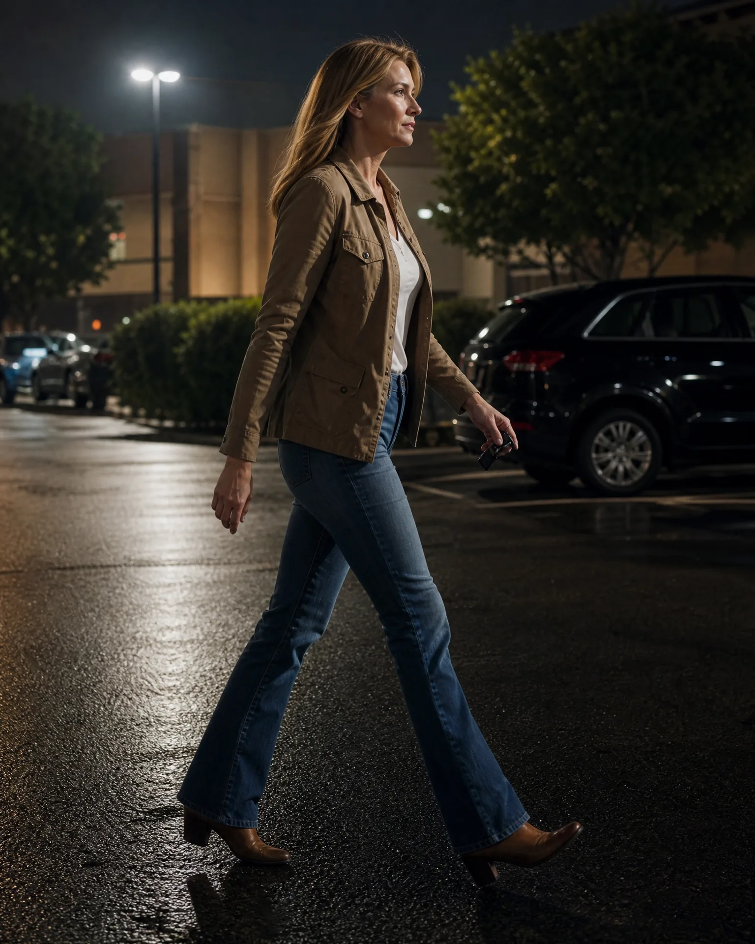 A woman in a tan jacket, white top, blue bootcut jeans and brown heeled boots walks across a wet parking lot at night, holding a key fob, with a dark SUV and a lit streetlamp behind her.