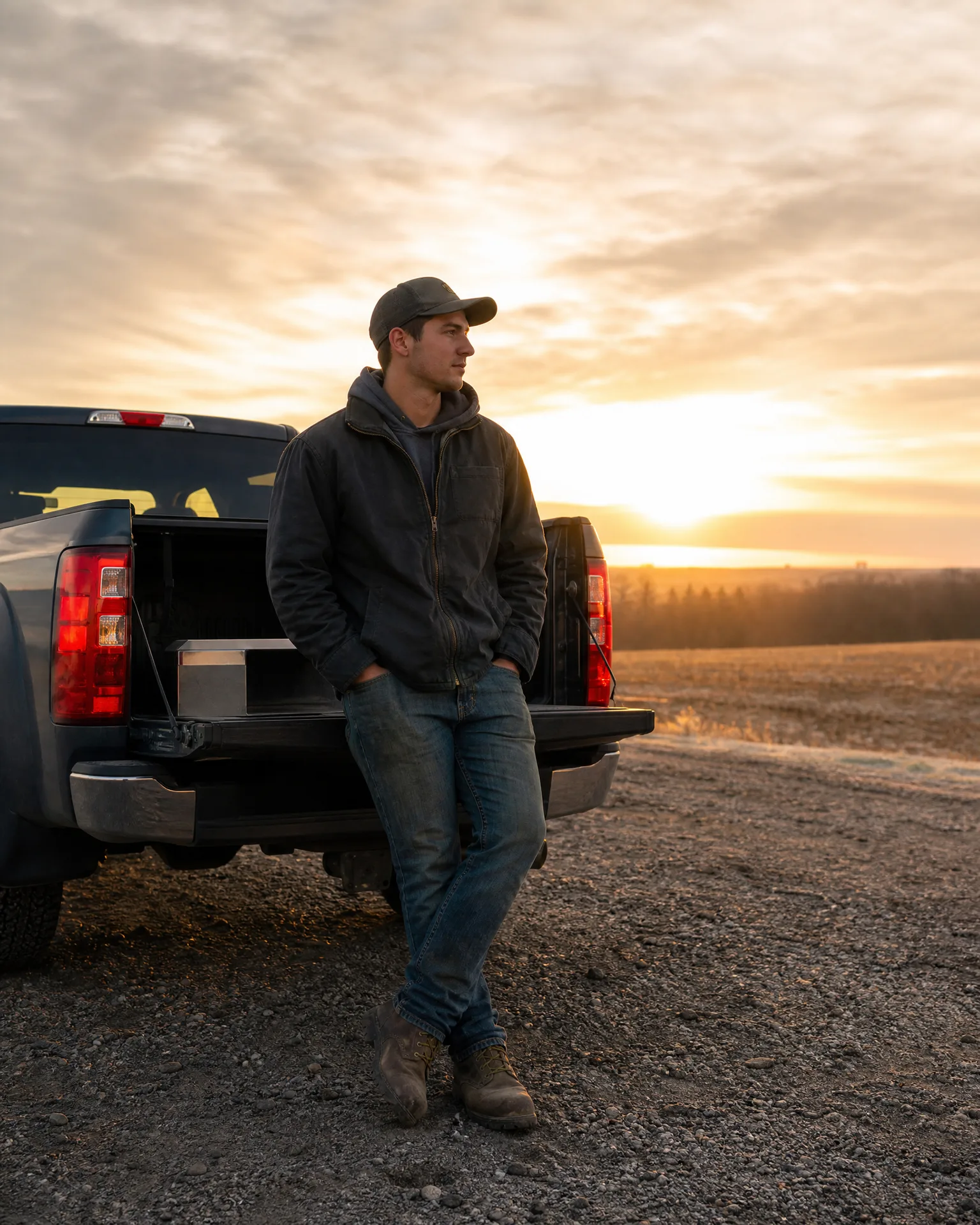 A man in a cap, dark jacket and jeans leans against the open tailgate of a dark pickup truck on gravel ground, with a field and sunset sky behind him.