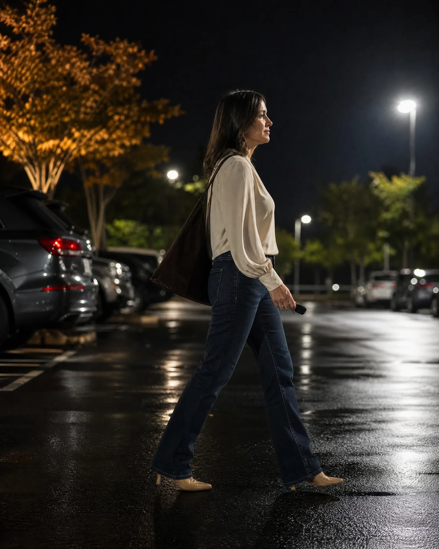 A woman in a cream blouse, dark jeans and heels walks across a wet parking lot at night, carrying a shoulder bag and holding keys, with parked cars and lit trees behind her.
