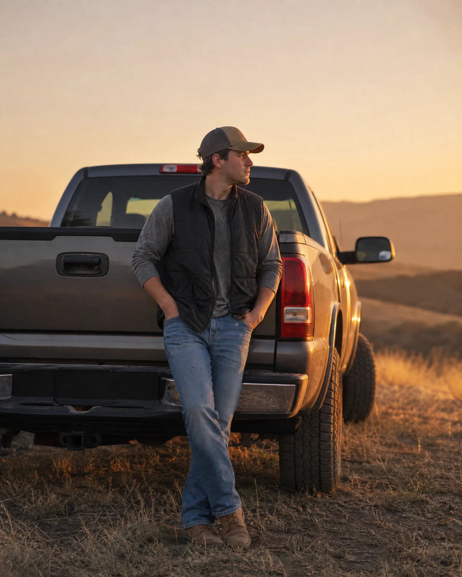 A man in a cap, dark vest, grey shirt, jeans and boots leans against the rear bed of a pickup truck on dry grassland at sunset, with low hills in the background.
