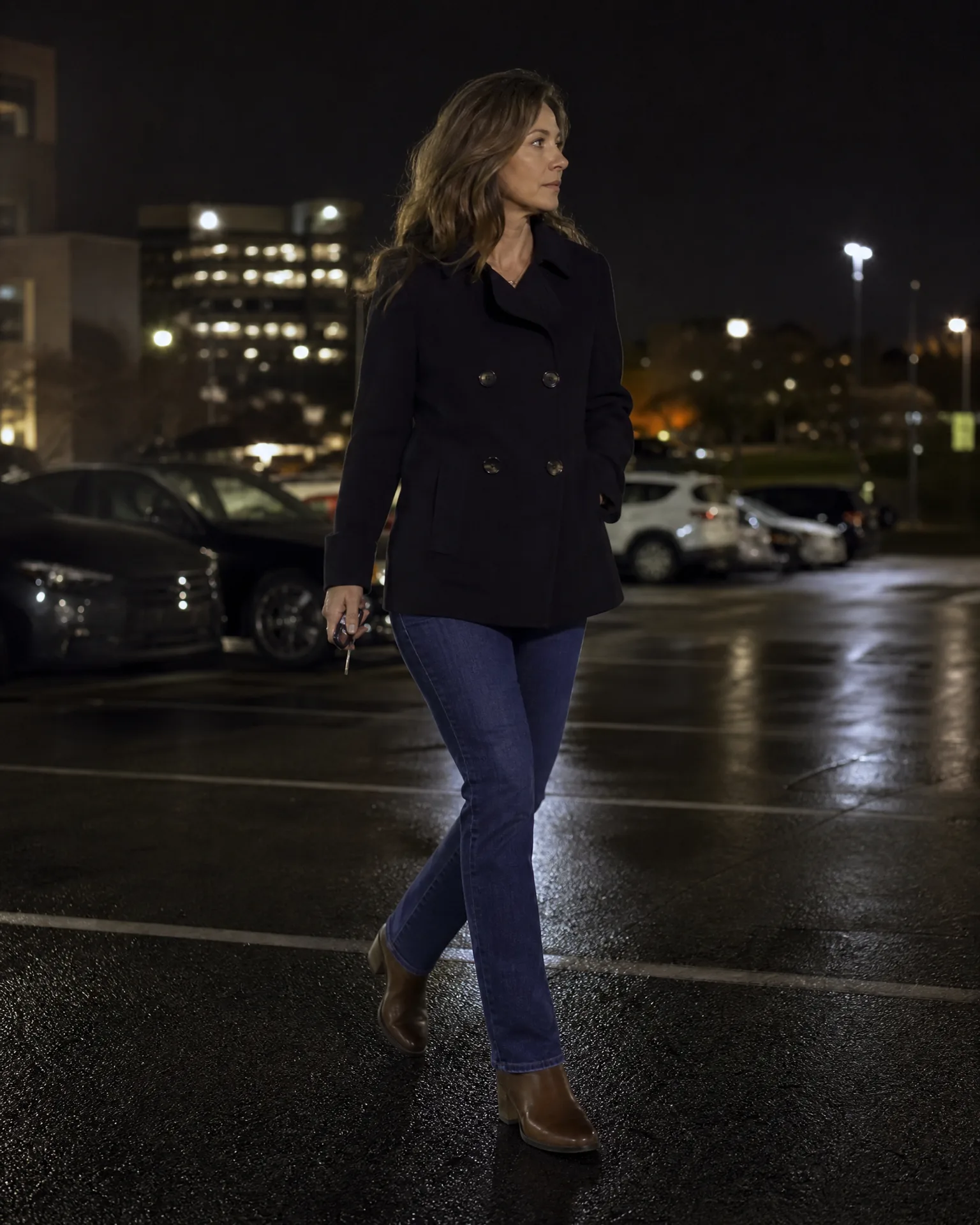 A woman in a dark double-breasted coat, blue jeans and brown ankle boots walks across a wet parking lot at night, with parked cars and lit buildings in the background.