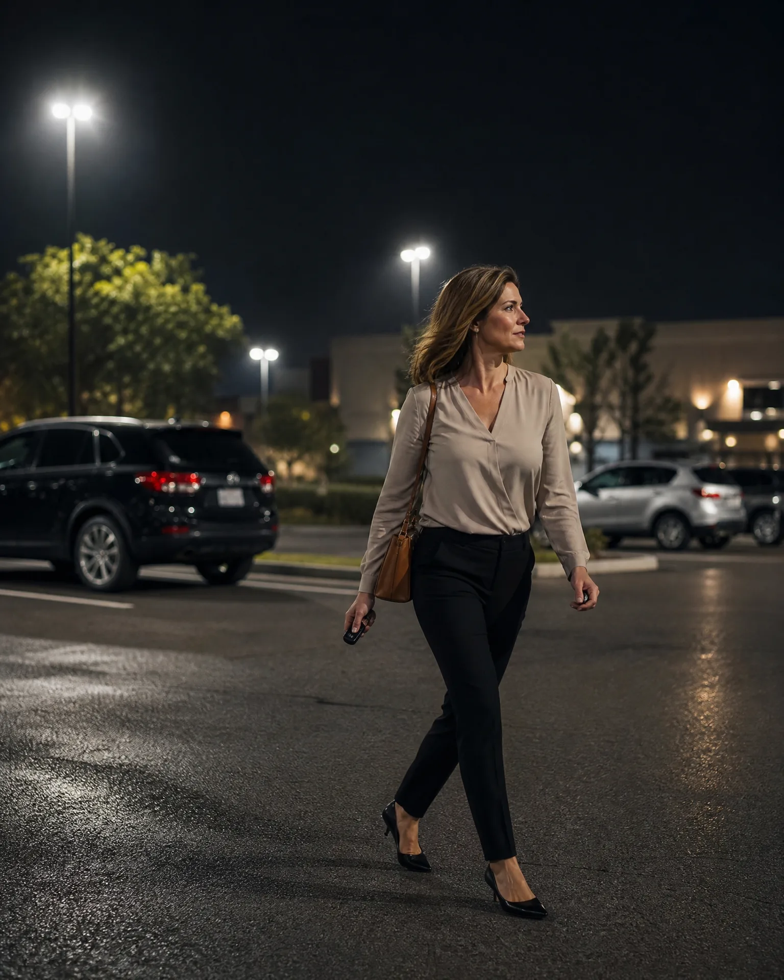 A woman in a light blouse and black trousers walks across a parking lot at night, holding a key fob, with parked SUVs, light poles, and a low building behind her.