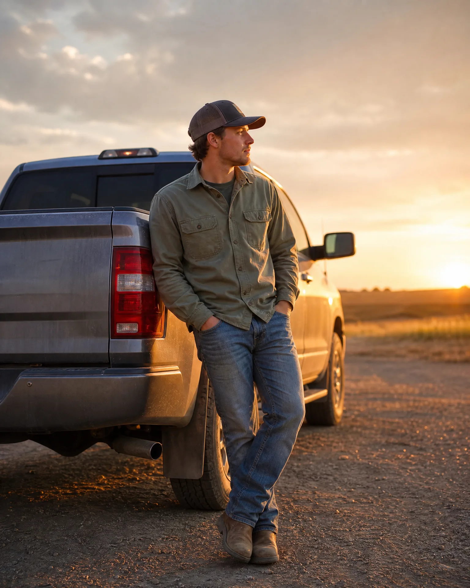 A man in a cap, olive shirt, jeans and boots leans against the rear of a pickup truck on a dirt road at sunset.