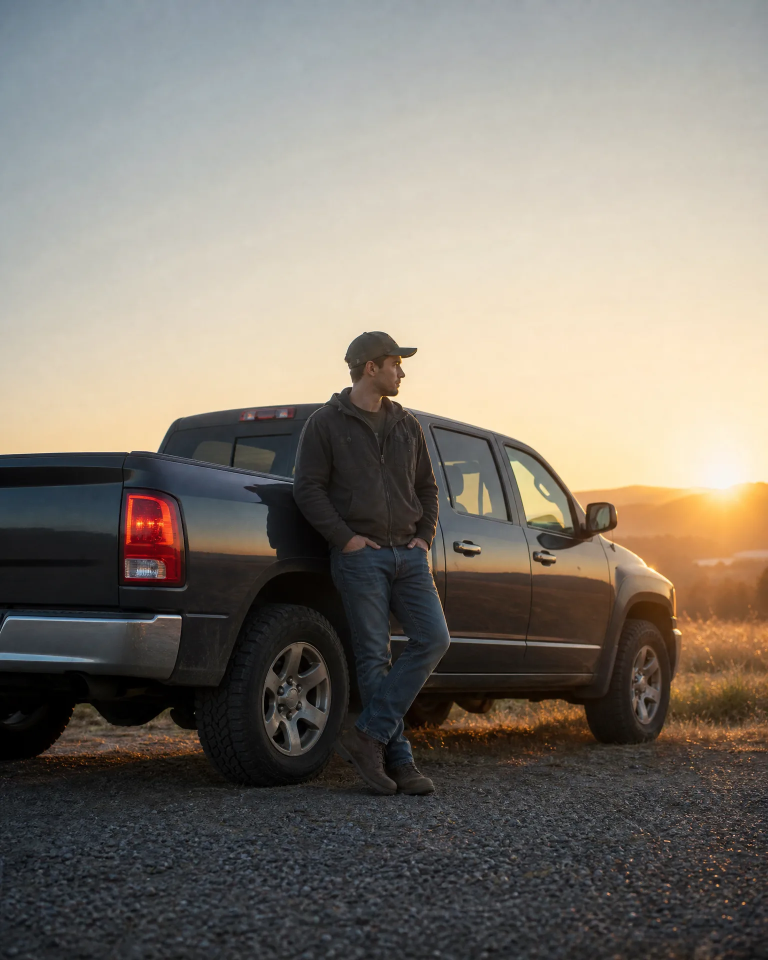 A man in a cap, dark hooded jacket, jeans and boots leans against the side of a dark pickup truck parked on gravel, with dry grass and distant hills lit by a low sun behind him.