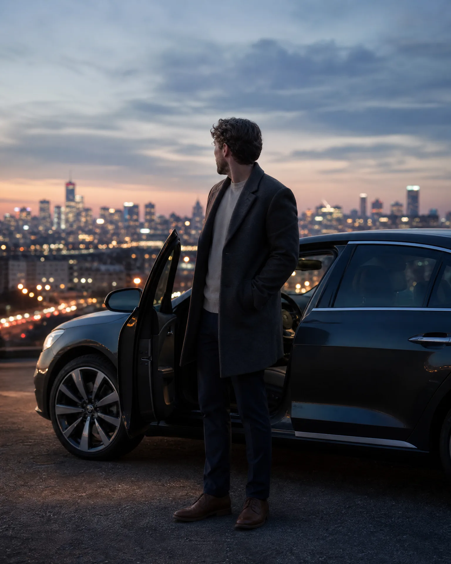 A man in a long dark coat and cream sweater stands beside a dark sedan with its rear door open, looking toward a city skyline lit at dusk.