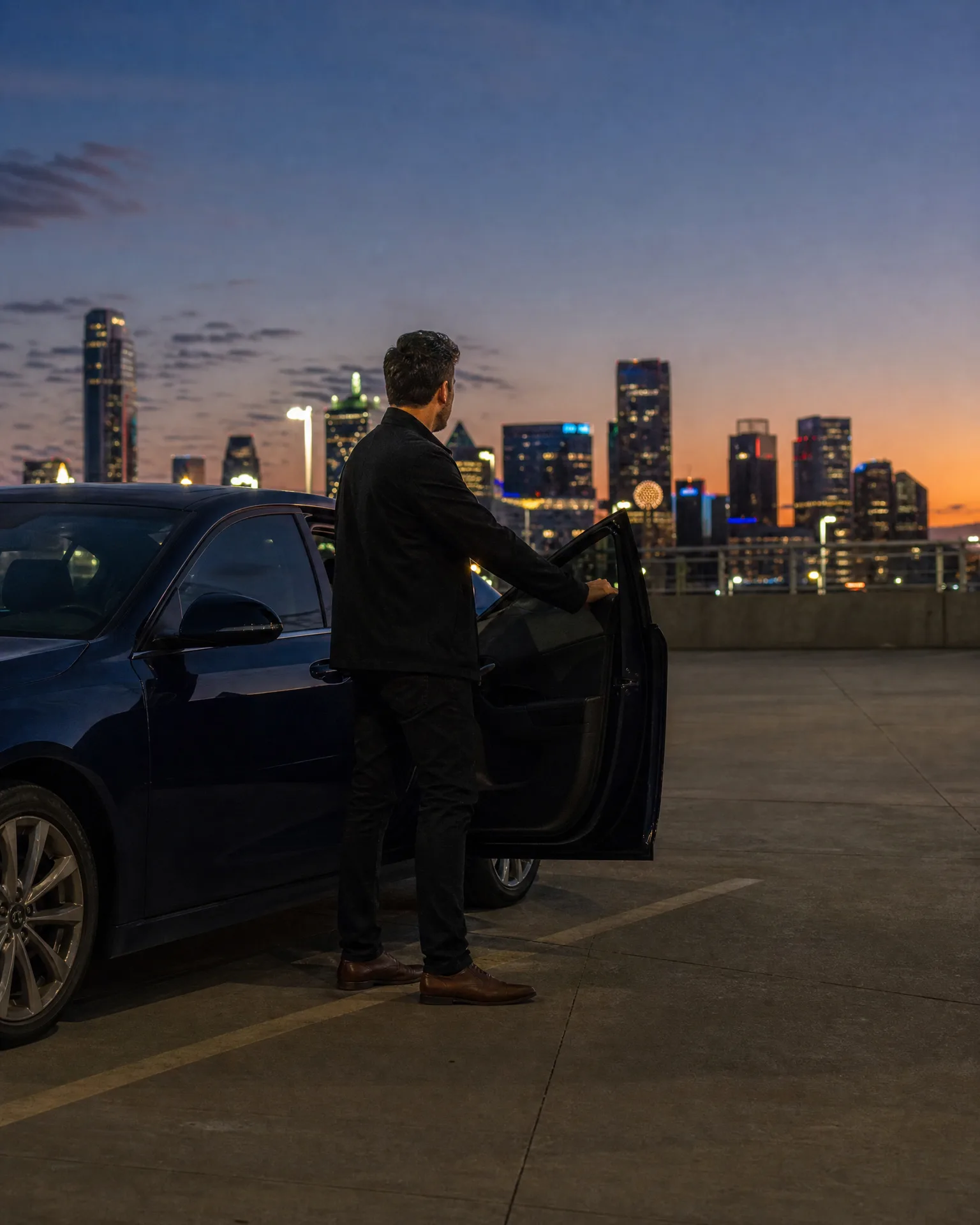 A man in dark clothing stands beside a dark blue car with the driver's door open on a rooftop parking deck, facing an illuminated city skyline at dusk.