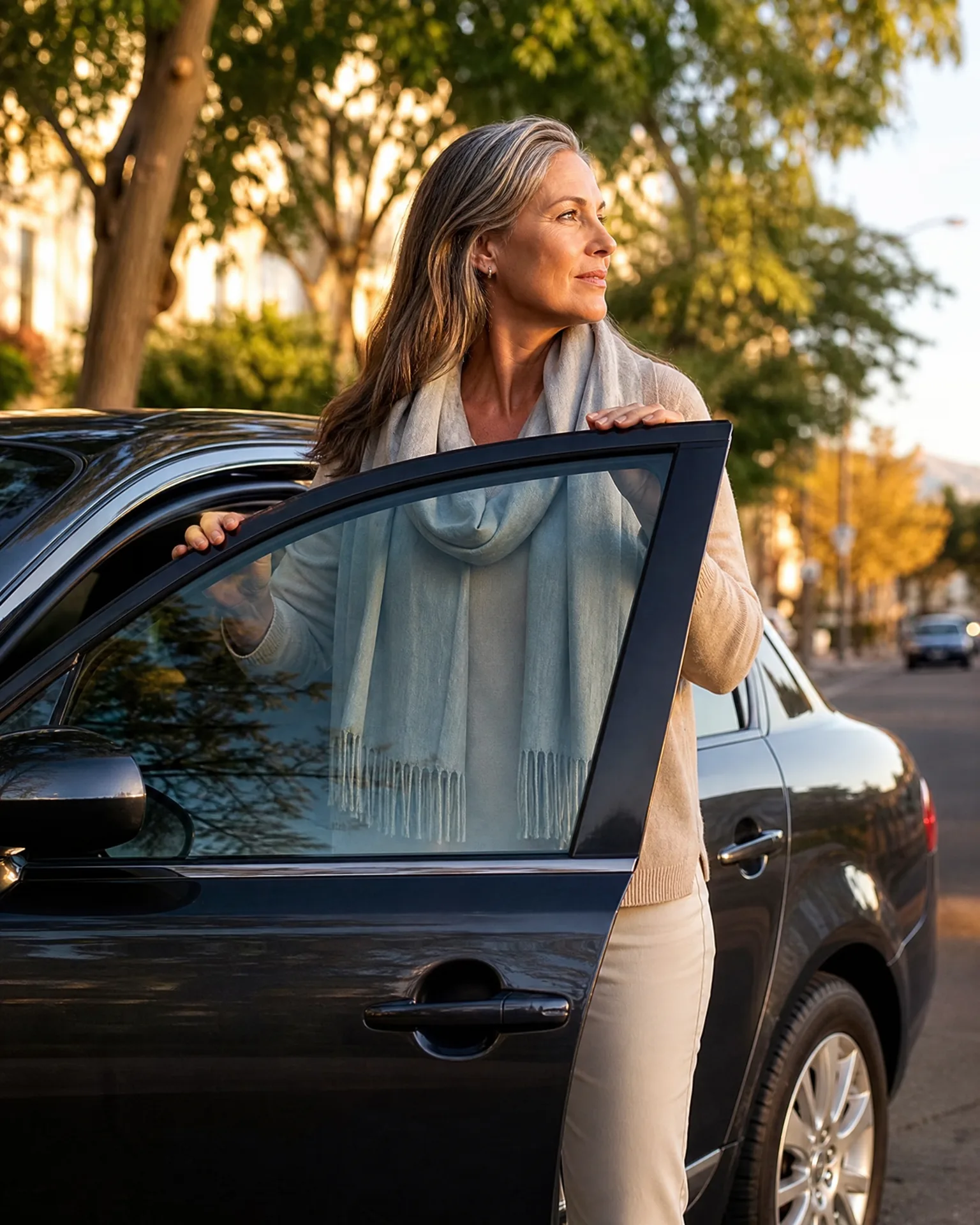 A woman with long gray-blonde hair, wearing a light scarf, cardigan and cream pants, stands in the open driver's door of a dark sedan on a tree-lined street.