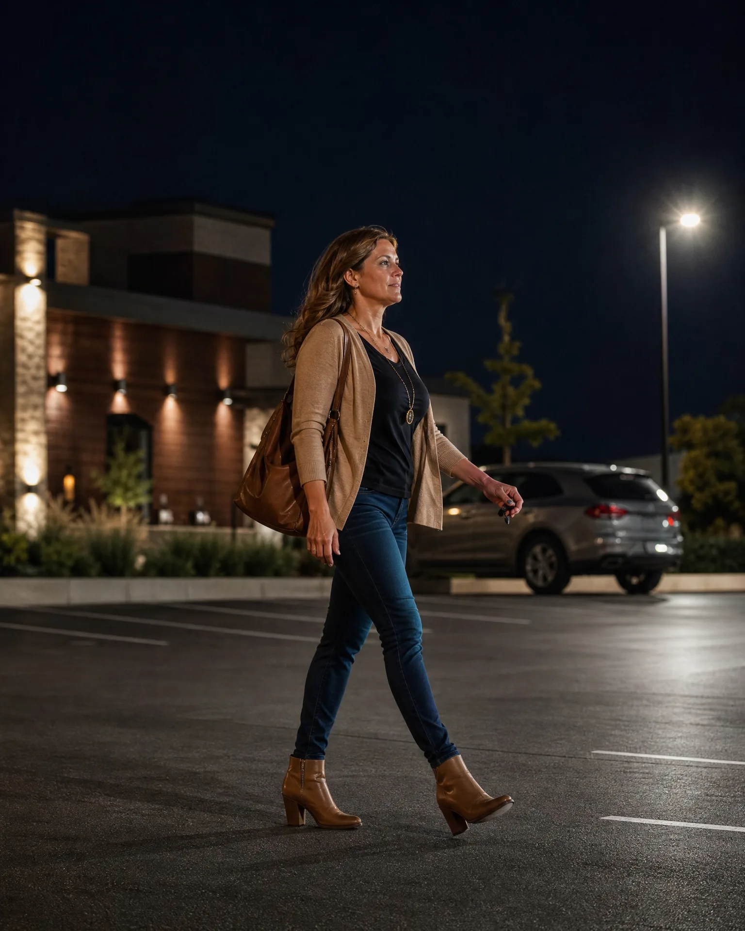 A woman in a tan cardigan, dark top, jeans and heeled ankle boots walks across an empty parking lot at night, with a shoulder bag, a parked SUV, a lit streetlight and an illuminated building behind her.