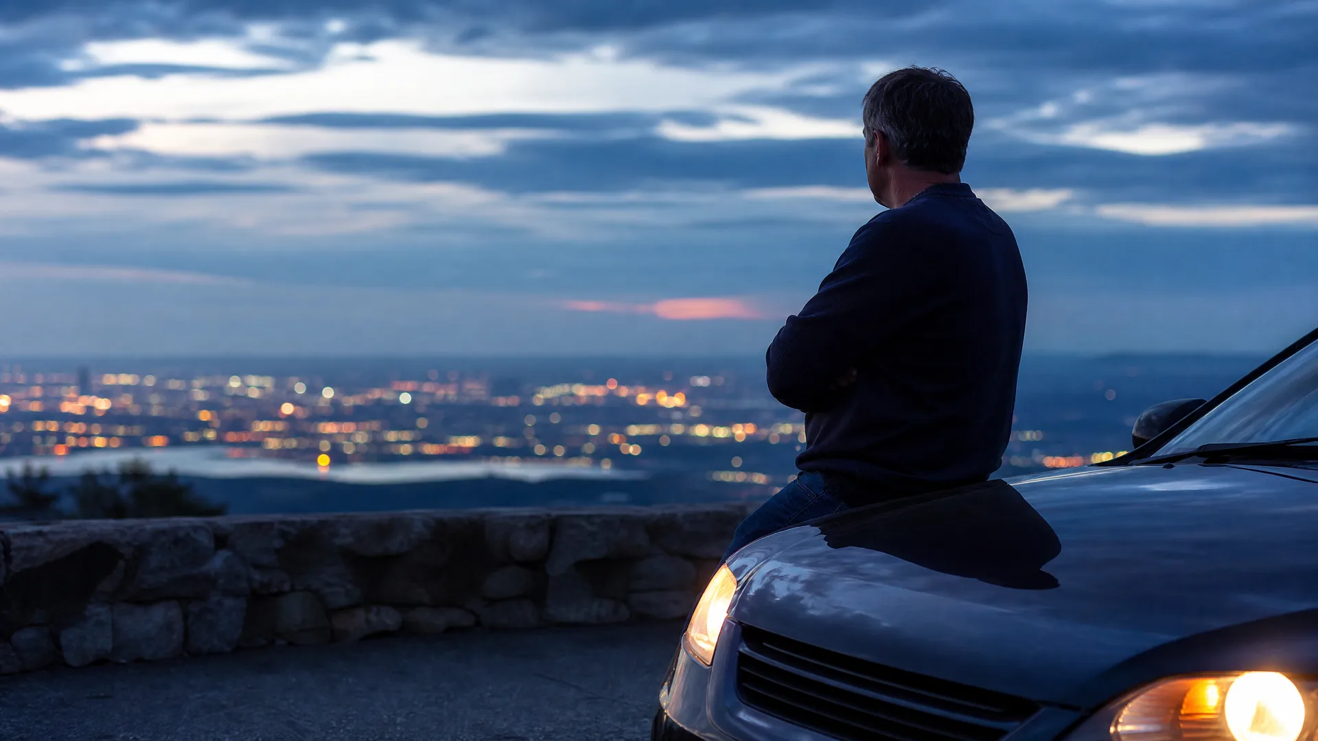 A man in a dark sweater leans against the hood of a car at a stone-walled overlook at dusk, facing a distant city of scattered lights under a cloudy sky.