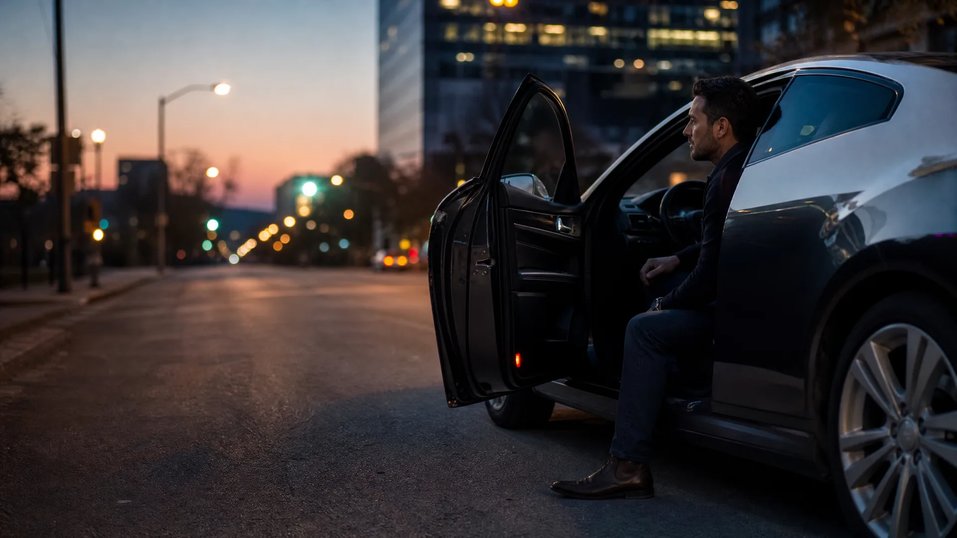 A man in a dark jacket and jeans sits sideways in the open driver's doorway of a dark car parked on a city street at dusk, with blurred buildings and streetlights behind.