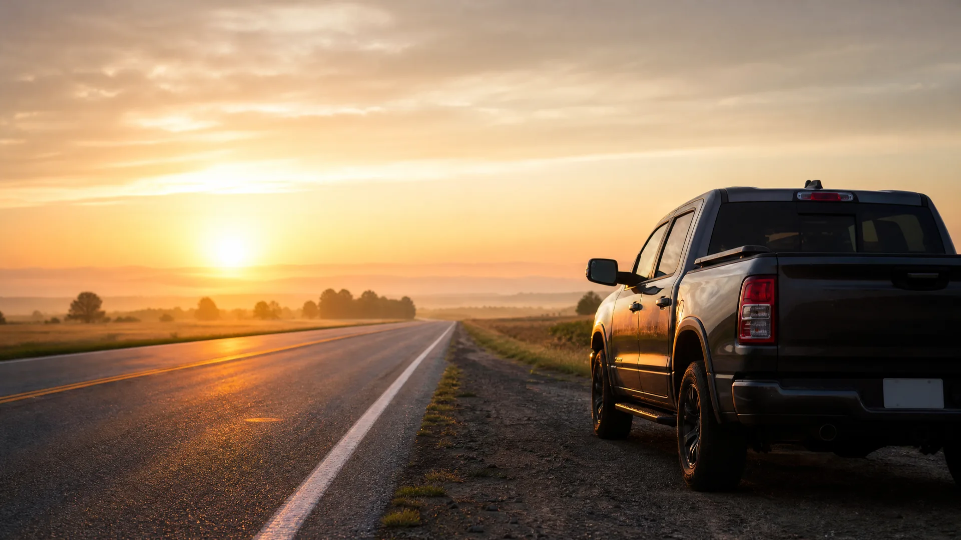 A dark pickup truck parked on the gravel shoulder of a two-lane road at sunrise or sunset, with flat fields and distant trees under an orange sky.