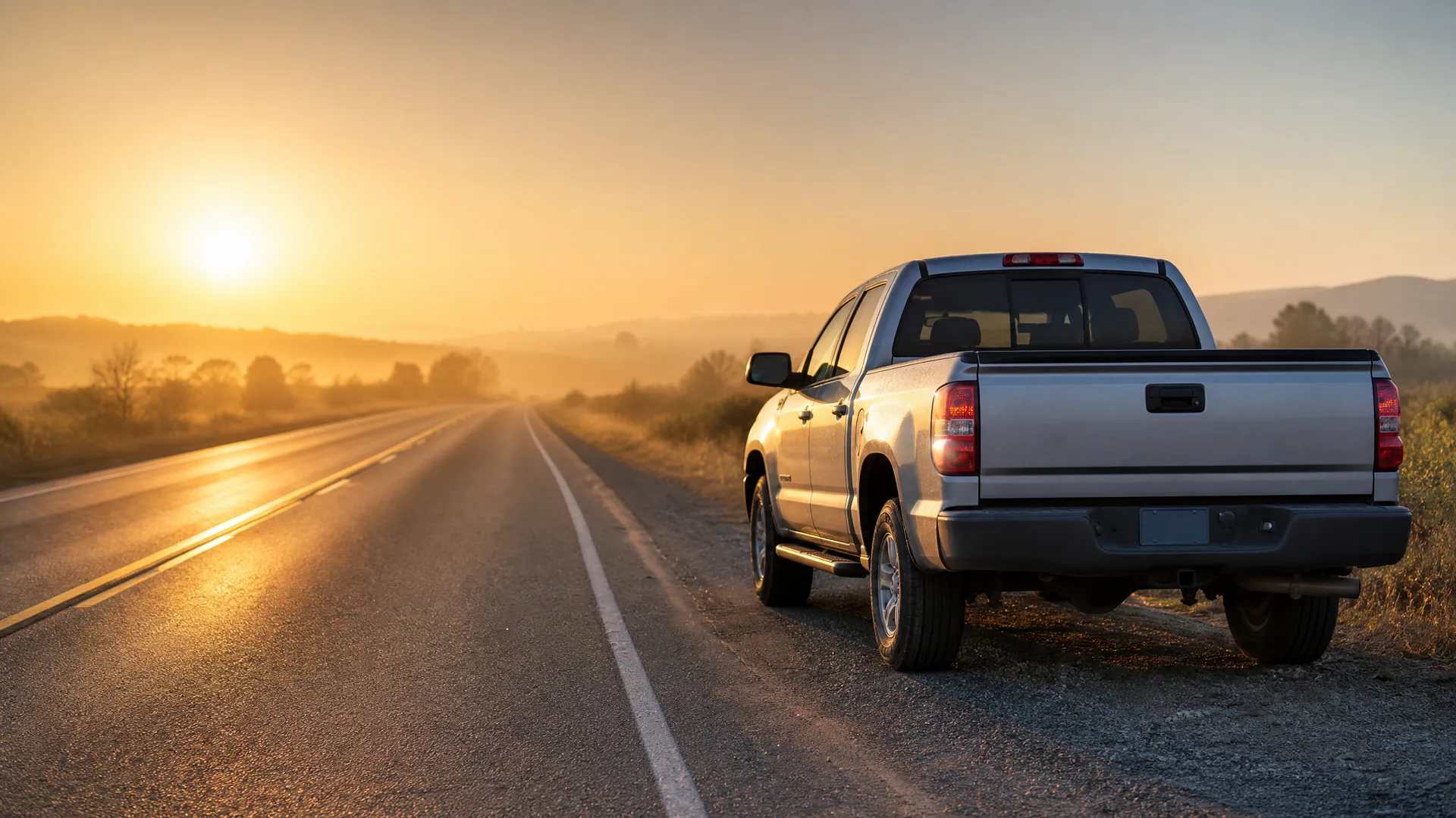 A silver crew-cab pickup truck parked on the gravel shoulder of a two-lane road at sunrise or sunset, with low sun, haze, and distant hills in the background.