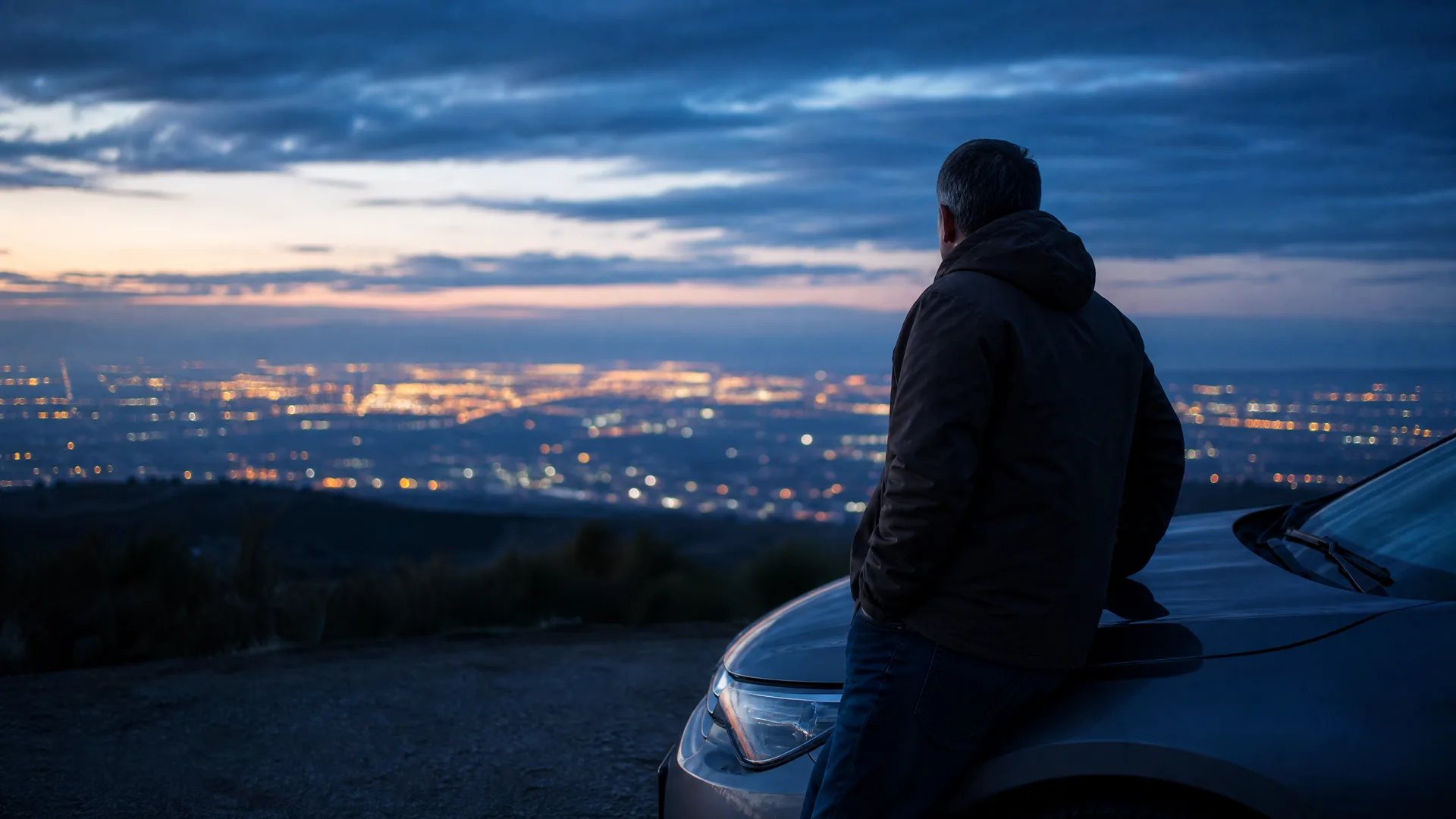A man in a dark hooded jacket leans against the front of a car on a hilltop at dusk, looking out over a valley filled with city lights under a cloudy sky.