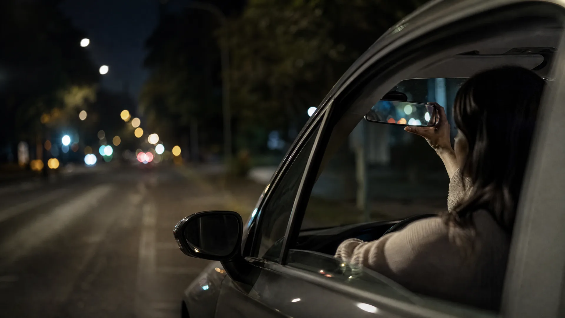 A long-haired person sits in the driver's seat of a car at night, reaching up to adjust the rear-view mirror, with a dark street and blurred lights in the background.