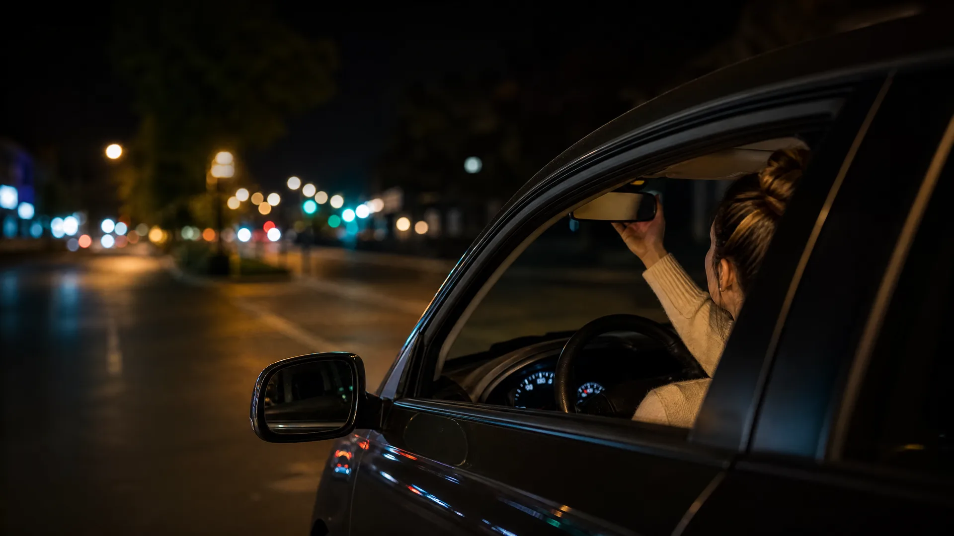 A woman with her hair in a bun sits in the driver's seat of a car at night, reaching up to adjust the rearview mirror, with blurred street lights along a road behind her.