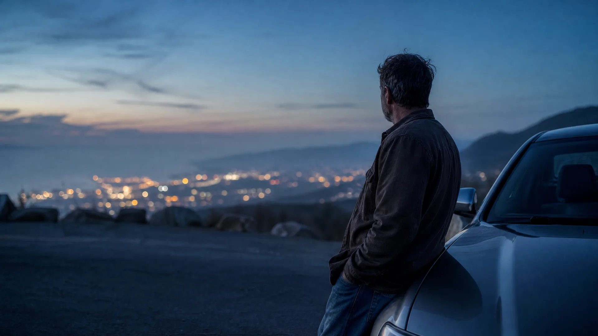A man in a dark jacket leans against a silver car on a hilltop at dusk, looking out over a valley of city lights with distant hills under a blue sky.
