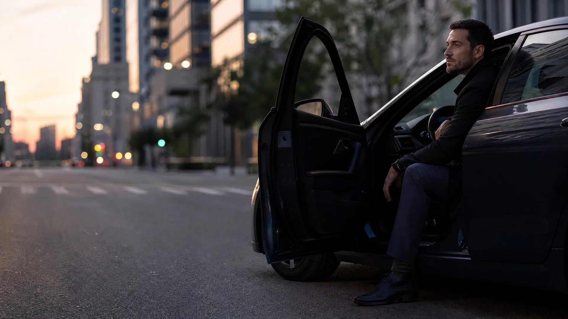 A man in a dark suit sits sideways in the open driver's doorway of a dark car parked on a city street at dusk, with blurred buildings and lights behind.