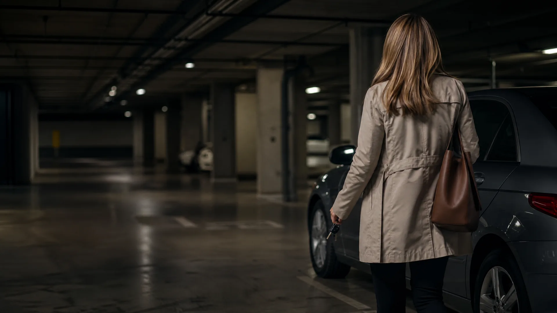 A woman in a beige coat with a brown shoulder bag walks away from the camera toward a dark car in a dimly lit underground parking garage, holding a key fob.