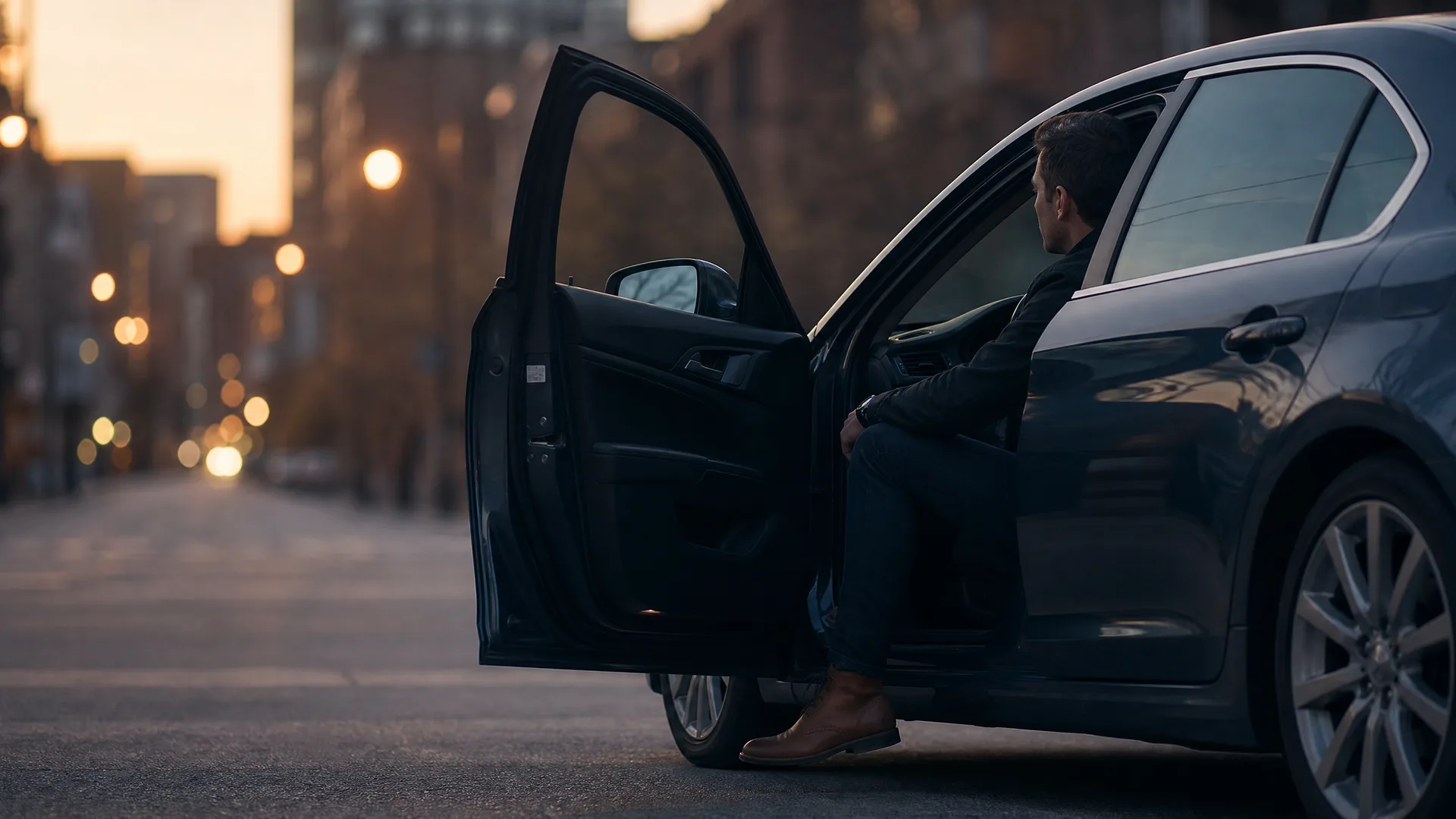 A man in dark clothing and brown leather boots sits sideways in the driver's seat of a dark sedan with the door open, parked on a city street with blurred buildings and lights at dusk.