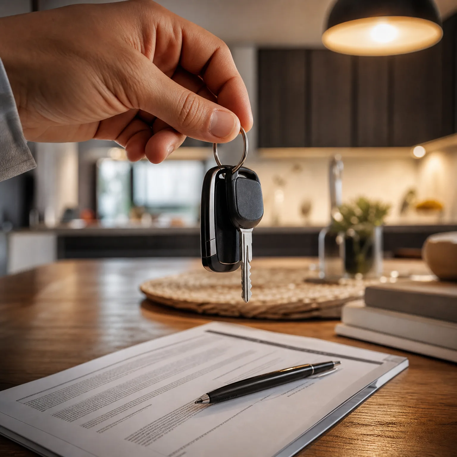 A hand holds a key and black fob over a wooden table with a printed document and pen in a blurred kitchen interior.