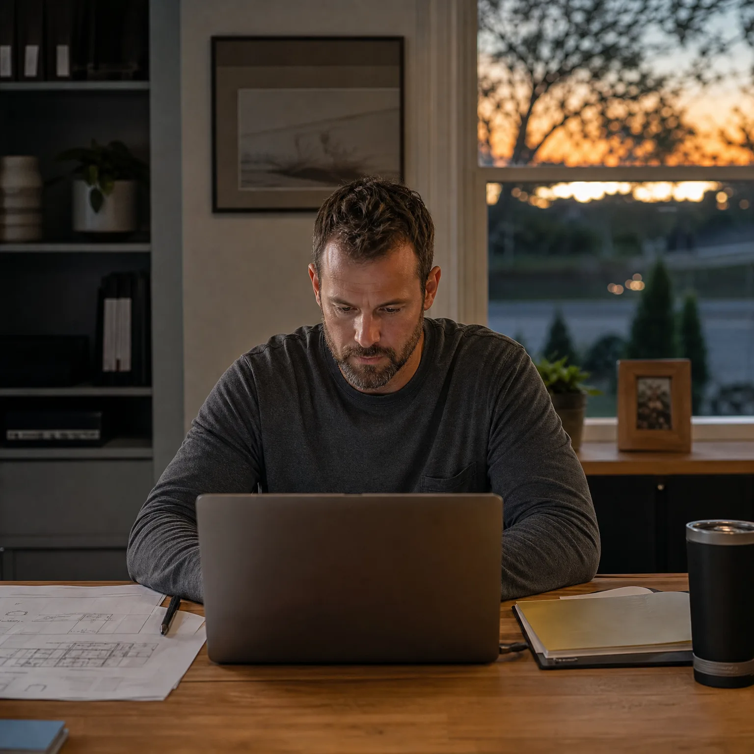 A bearded man in a dark gray long-sleeve shirt sits at a wooden table working on a laptop, with printed plans, a folder, and an insulated tumbler nearby and a window showing a sunset behind him.