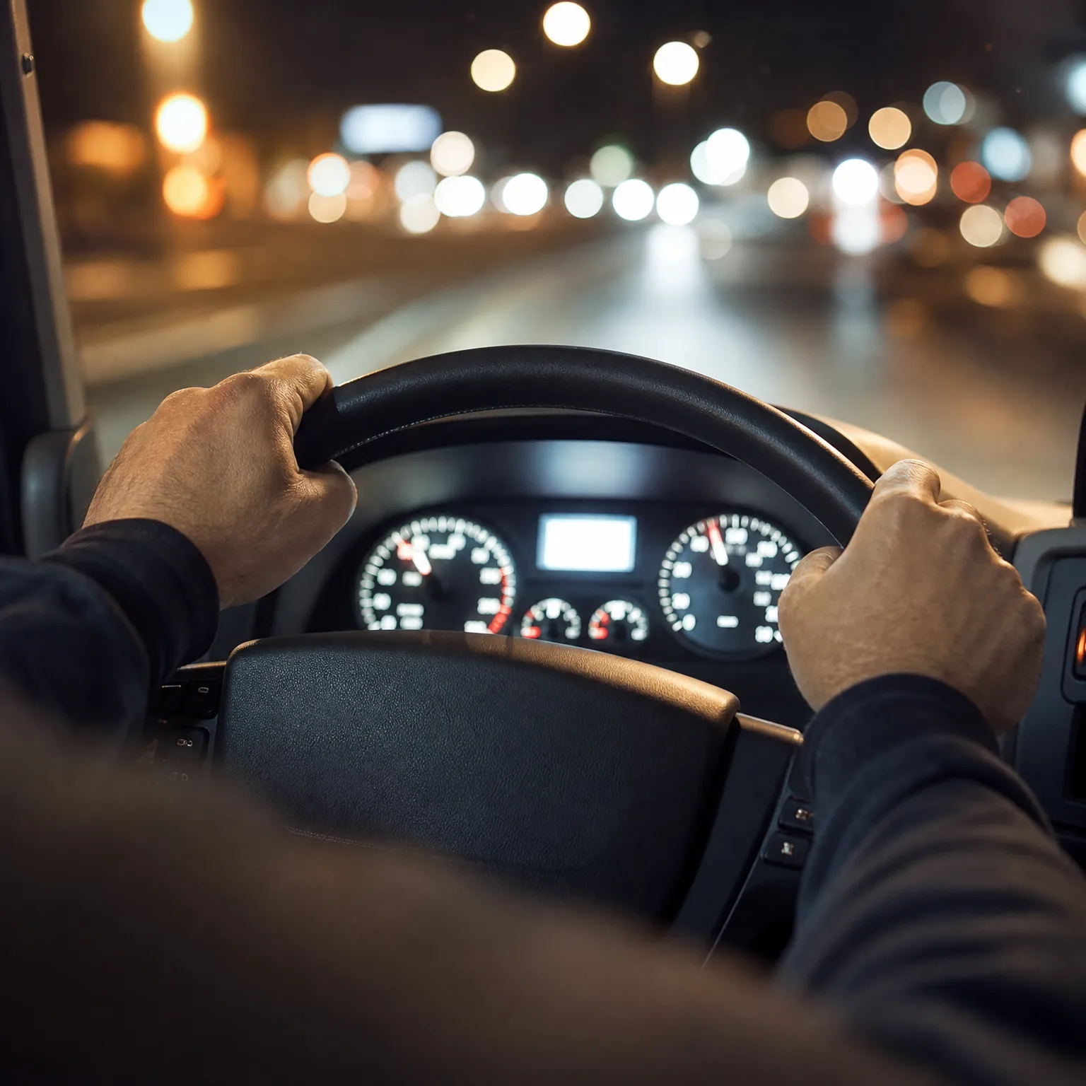 View from a driver's seat at night showing two hands gripping a steering wheel, with illuminated gauges on the dashboard and blurred road lights ahead through the windshield.