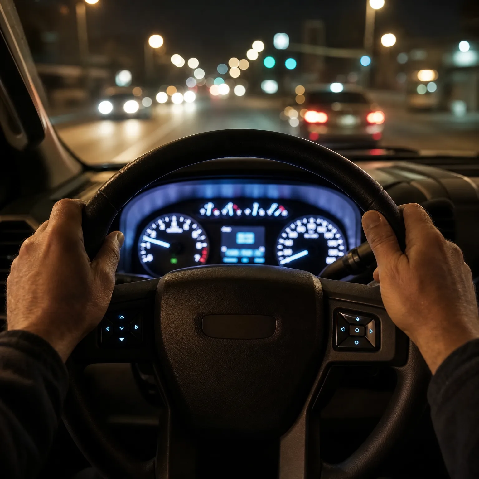 Driver's-eye view at night showing two hands gripping a steering wheel with an illuminated instrument cluster behind it and blurred street lights and vehicles through the windshield.