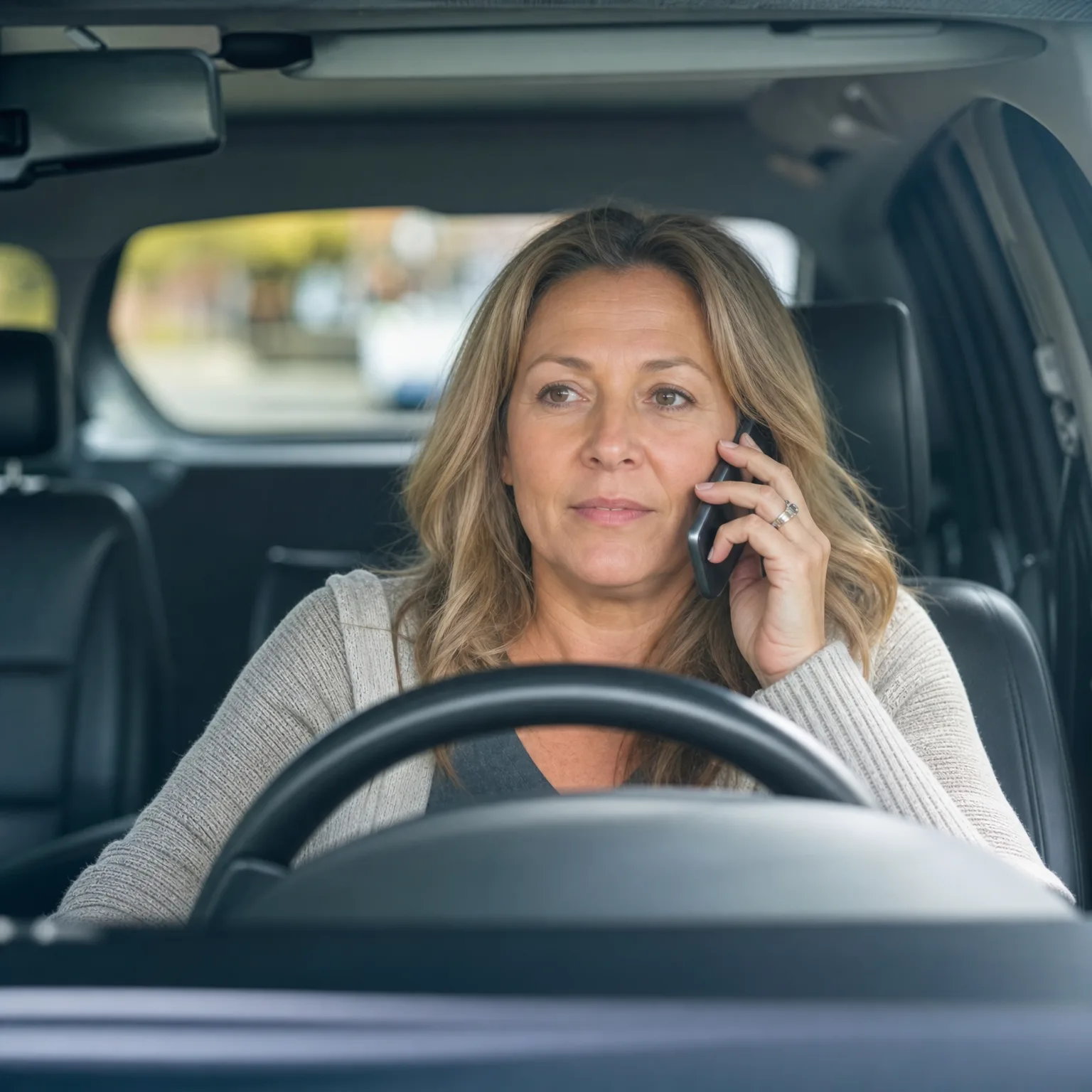 A woman with long blonde hair sits in a car's driver seat behind the steering wheel, holding a mobile phone to her ear.