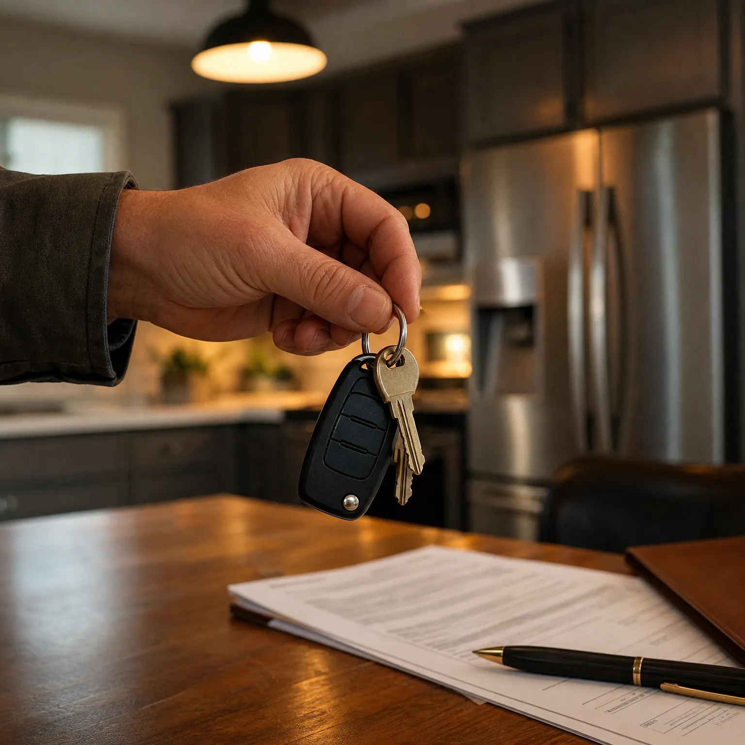 A hand holds a key ring with a black remote fob and two keys above a wooden table holding printed documents and a pen, in a kitchen with dark cabinets and a stainless steel refrigerator.