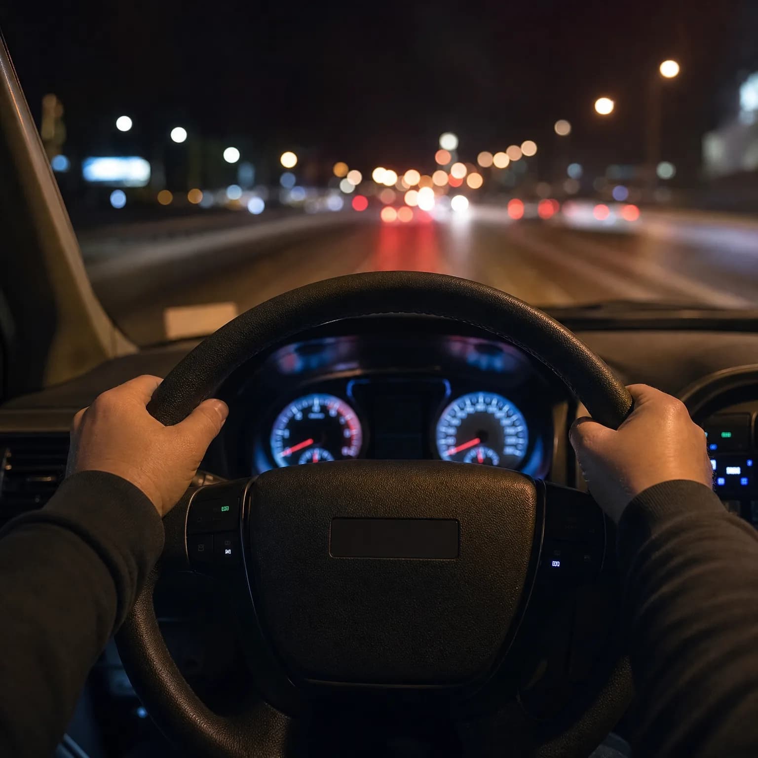 Driver's-eye view from inside a car at night, with two hands on the steering wheel, illuminated instrument gauges, and blurred street and vehicle lights ahead.