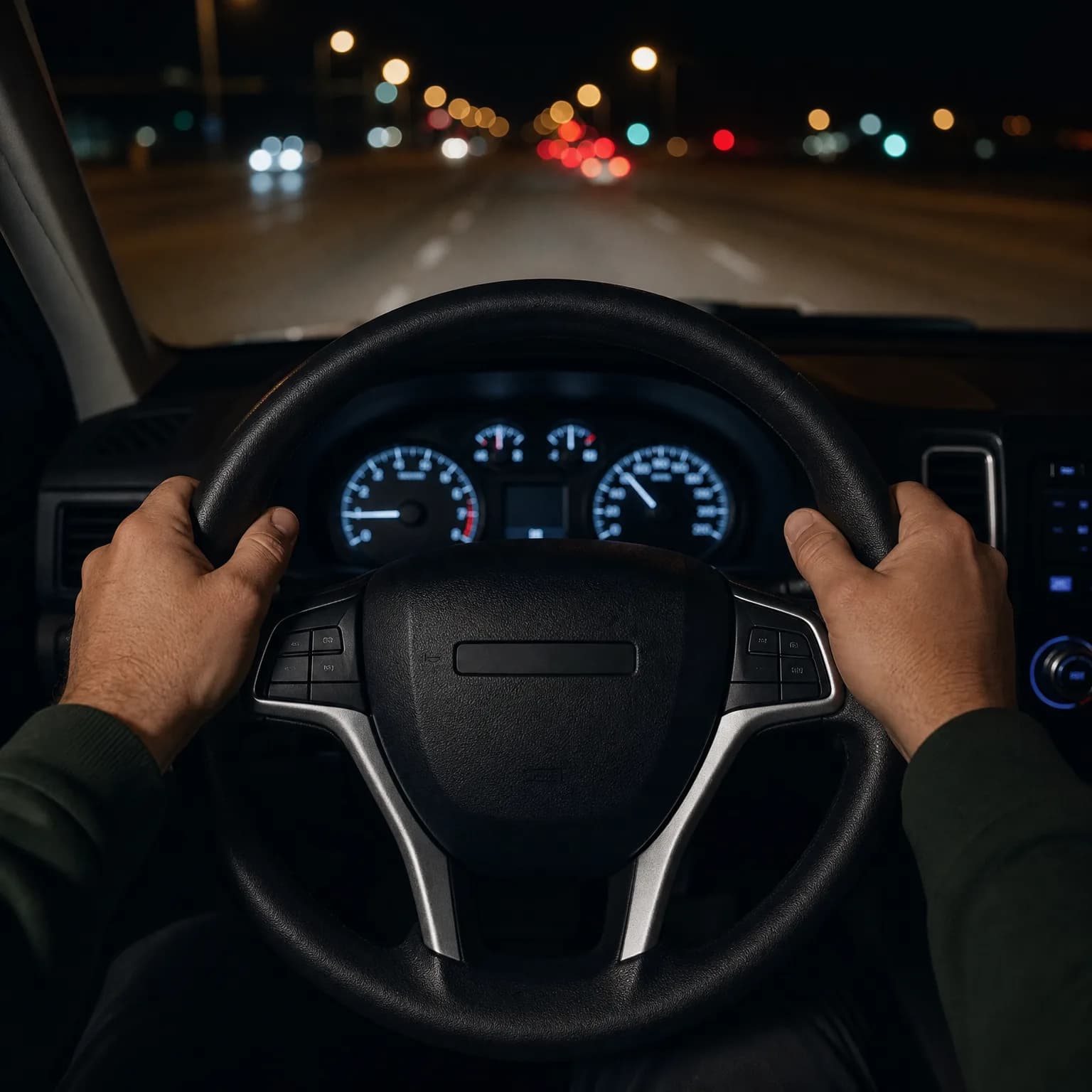 Driver's-eye view from inside a car at night, with two hands gripping the steering wheel, an illuminated instrument cluster behind it, and a road with blurred lights through the windshield.