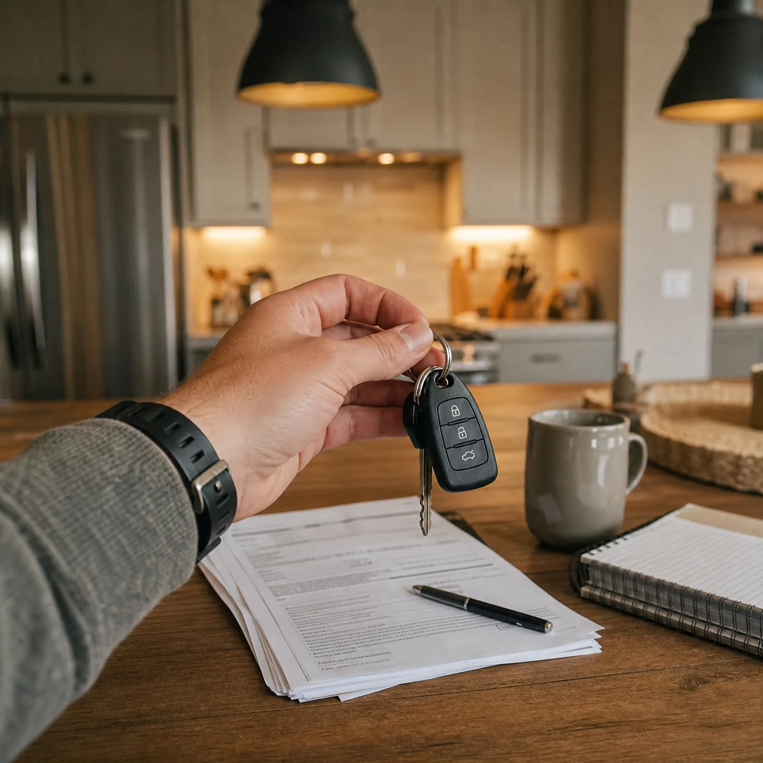 A person's hand wearing a black watch holds a car key fob above a wooden counter with a stack of printed documents, a pen, a gray mug, and a spiral notebook, with a blurred kitchen behind.
