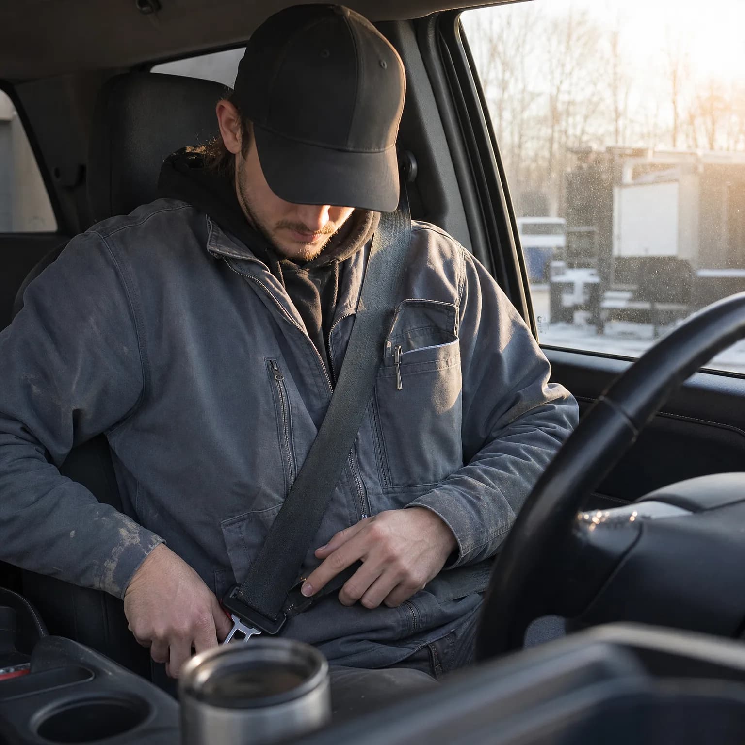 A man in a dark cap and grey work jacket sits in a vehicle's driver seat fastening his seat belt, with a steering wheel at right and bare trees and snowy ground outside the window.