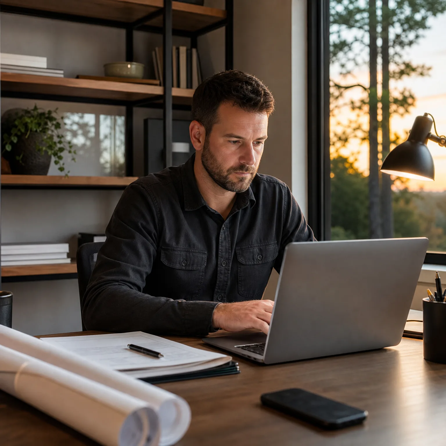 A bearded man in a dark shirt sits at a wooden desk using a laptop, with rolled drawings, papers, a pen, a phone and a desk lamp nearby, shelving behind him and a window showing trees at sunset.