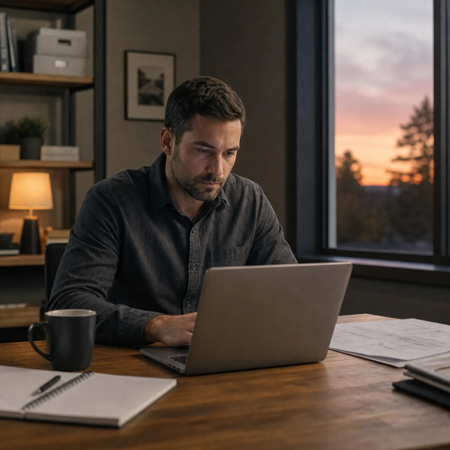 A man in a dark button-up shirt works on a laptop at a wooden desk with a mug, notebook and papers, beside a window showing silhouetted trees at dusk.