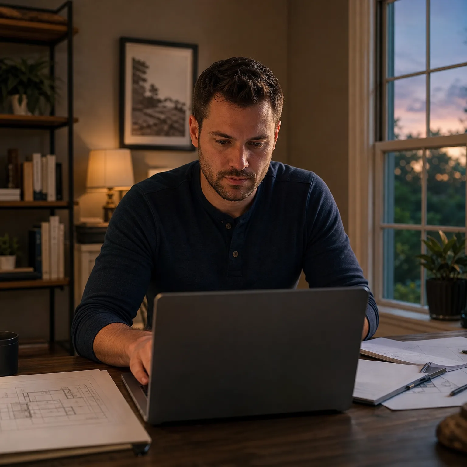 A man in a dark blue henley shirt works at a laptop on a wooden desk, with printed floor plans and papers nearby, a bookshelf and lit lamp behind him, and a window showing dusk sky.