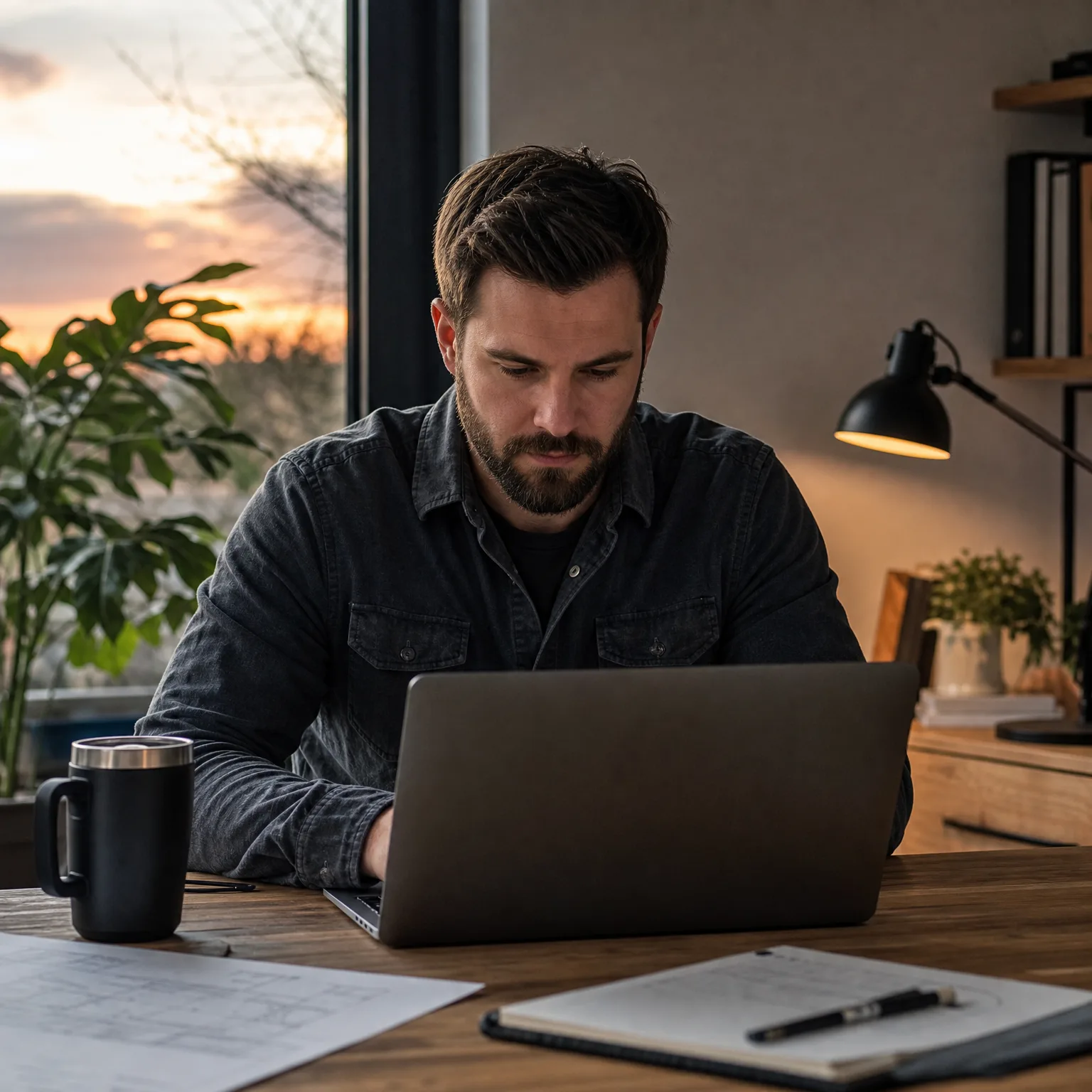 A bearded man in a dark denim shirt sits at a wooden desk using a laptop, with a black mug, papers and a notebook with a pen nearby, a lamp and shelves behind him, and a window showing a sunset.