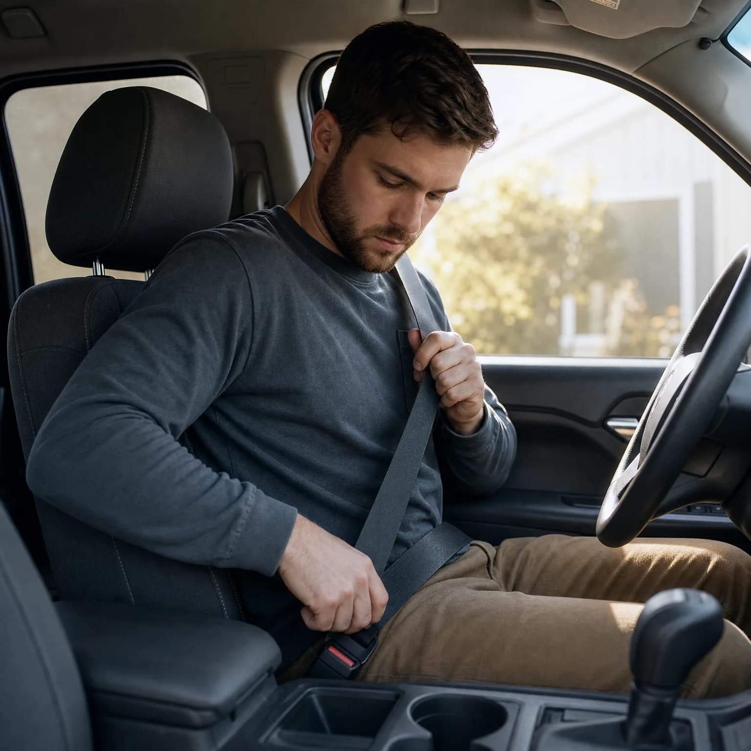 A bearded man in a gray long-sleeve shirt and tan pants sits in a vehicle's driver seat, pulling the seat belt across his chest toward the buckle.