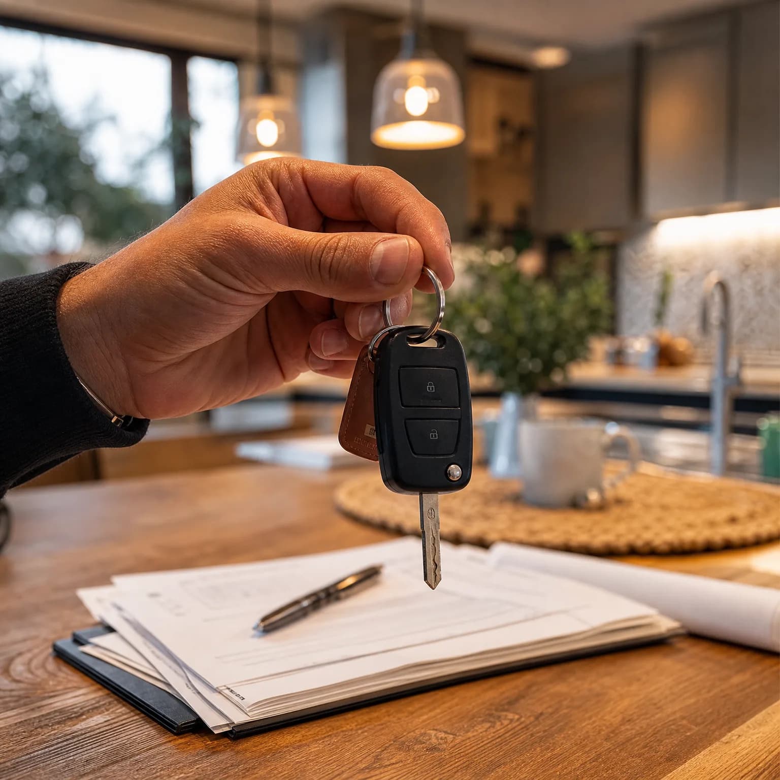 A hand holds a black remote key fob with a keyring above a wooden table holding stacked printed documents, a pen, and a rolled sheet, with a blurred kitchen and pendant lights behind.