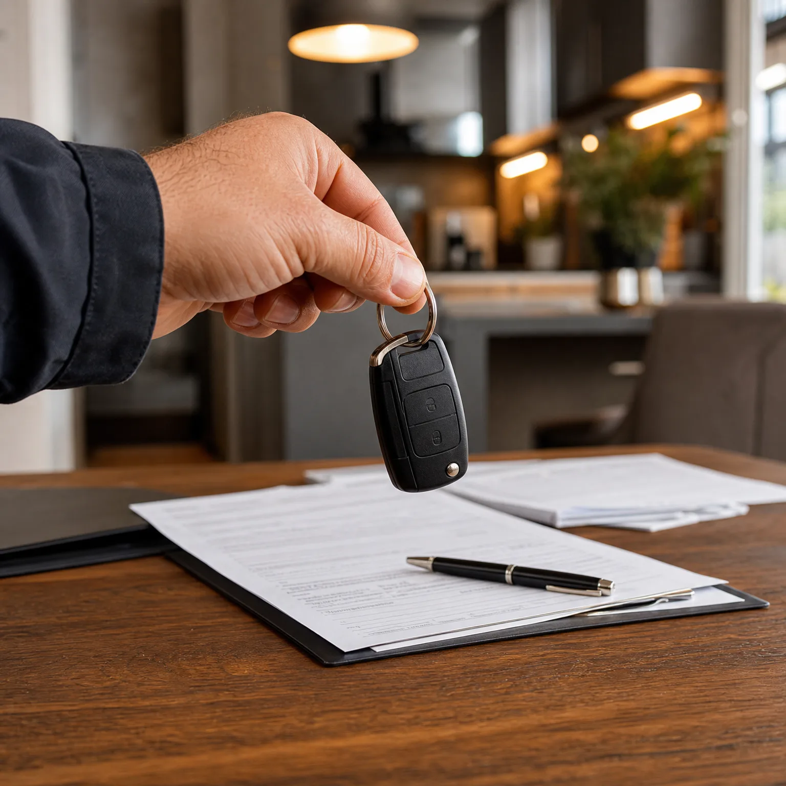 A hand in a dark sleeve holds a black remote key fob on a ring above a wooden table where printed documents and a pen rest on a clipboard, with a blurred interior behind.