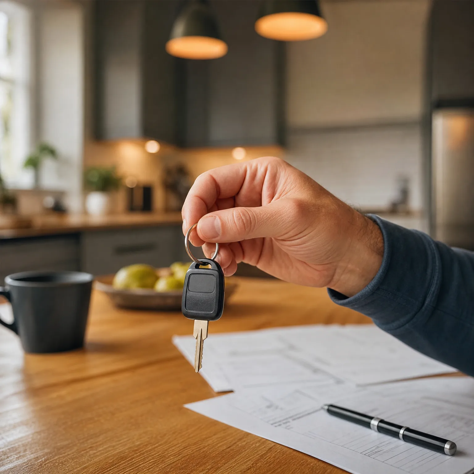 A hand holds a key with a black fob over a wooden table with papers, a pen, a dark mug and a bowl of fruit, in a blurred kitchen interior.
