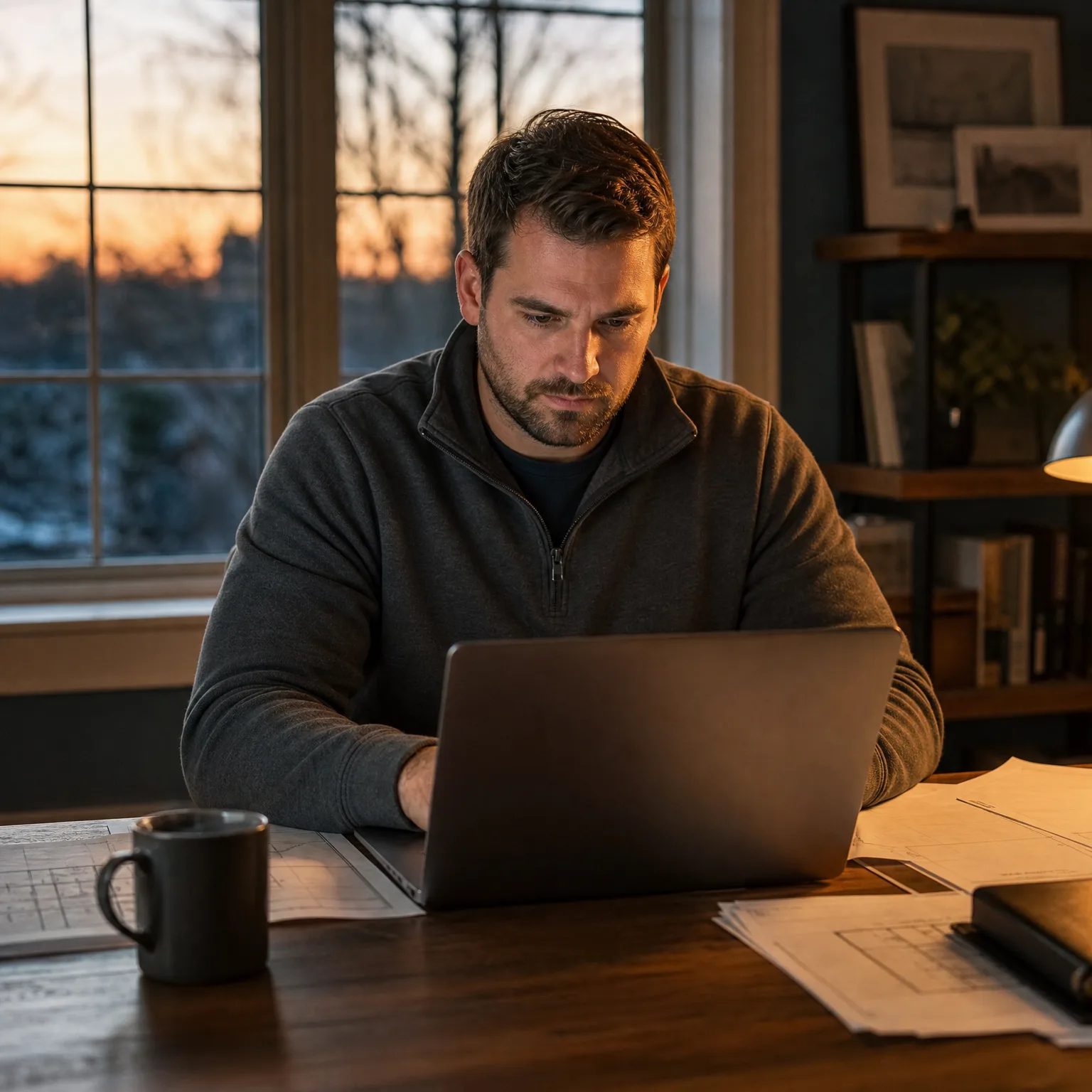 A man in a gray quarter-zip pullover sits at a dark wooden table using a laptop, with a mug and printed documents nearby and a large window showing a sunset and bare trees behind him.