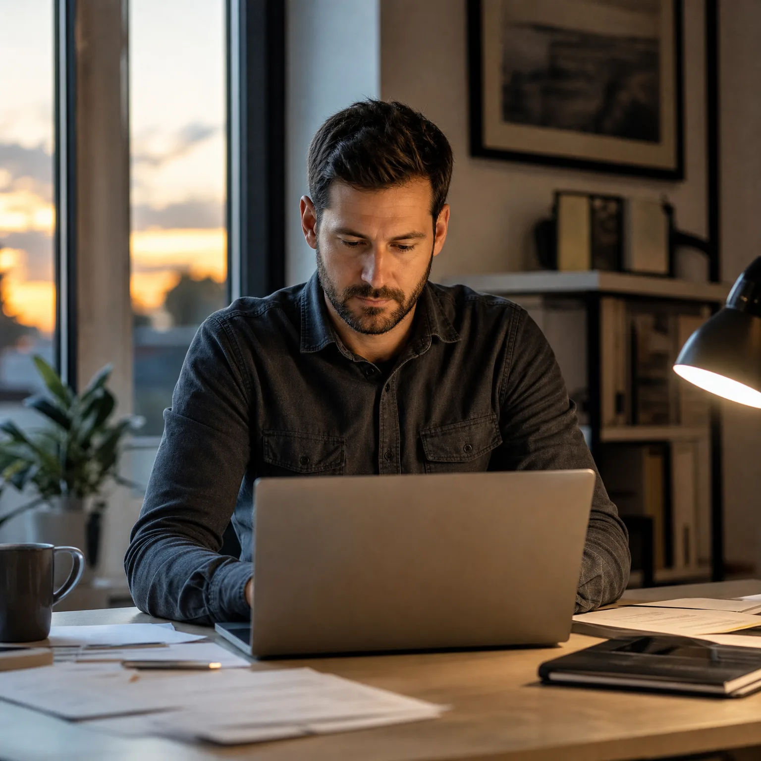 A man in a dark button-up shirt sits at a wooden desk looking at an open laptop, with scattered papers, a mug, a lit desk lamp, a potted plant and a window showing a sunset sky behind him.
