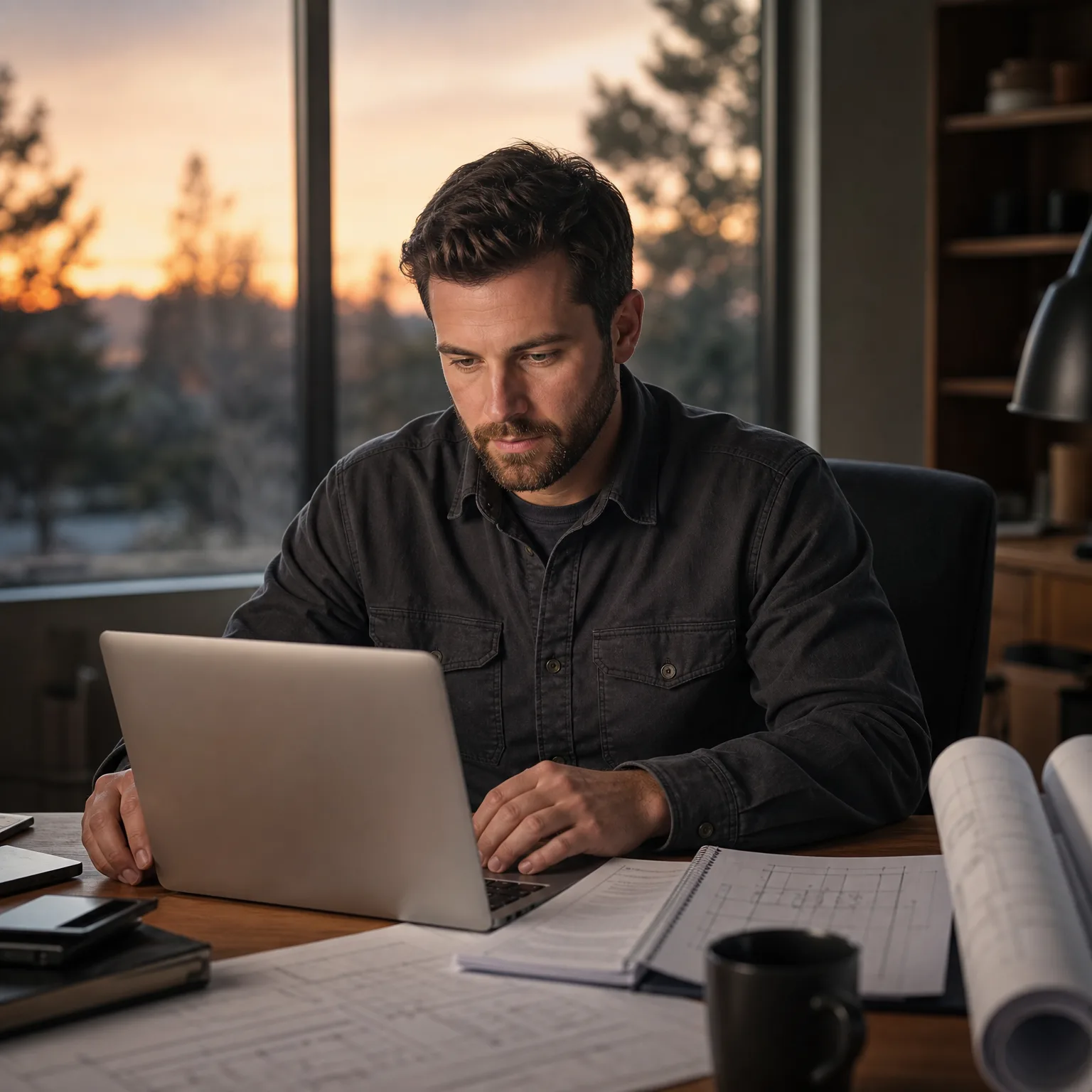 A bearded man in a dark button-up shirt sits at a wooden desk using a laptop, with rolled and flat drawings, a notebook and a dark mug nearby, beside a large window showing conifer trees at sunset.
