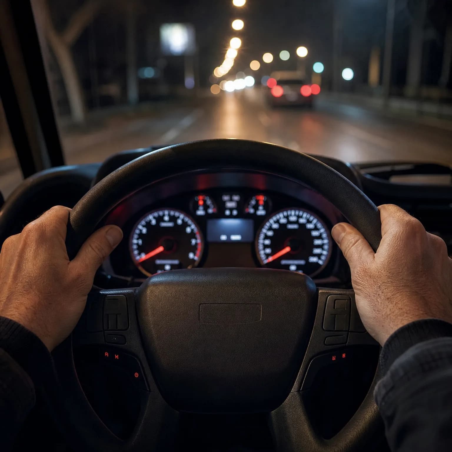 Driver's point of view at night showing two hands gripping a steering wheel with illuminated gauges behind it and a blurred road with streetlights and taillights ahead.