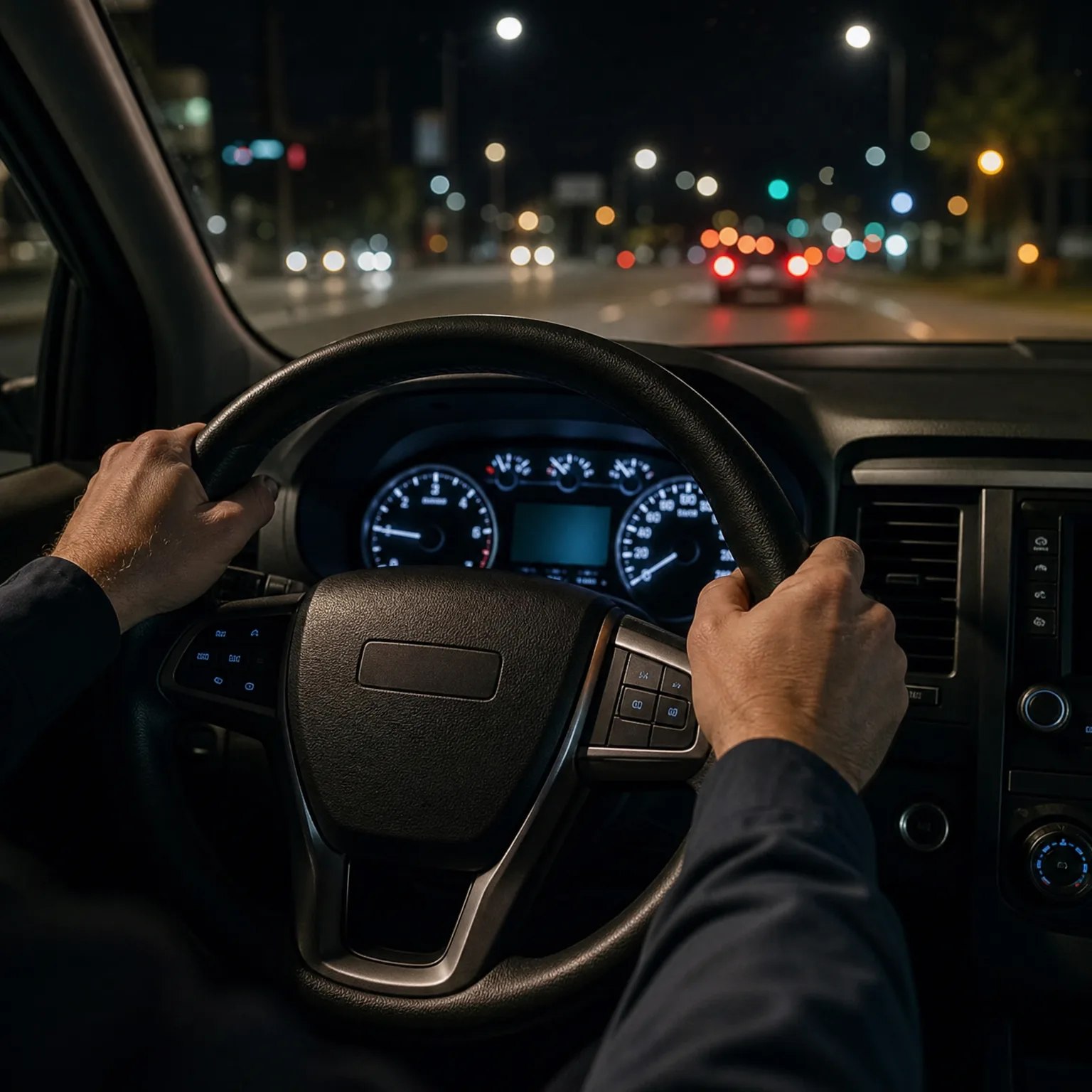 View from inside a car at night showing a person's two hands on the steering wheel, the illuminated instrument cluster and dashboard, and a blurred road with vehicle tail lights and street lights through the windshield.