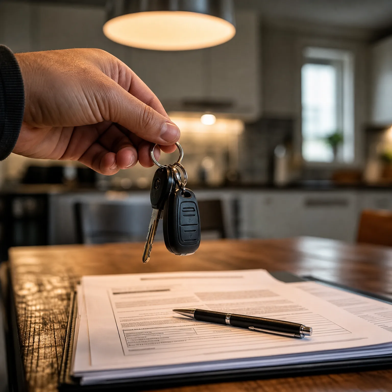 A hand holds a key ring with a key and a black remote fob above a wooden table where a pen rests on a stack of printed documents, with a blurred kitchen in the background.