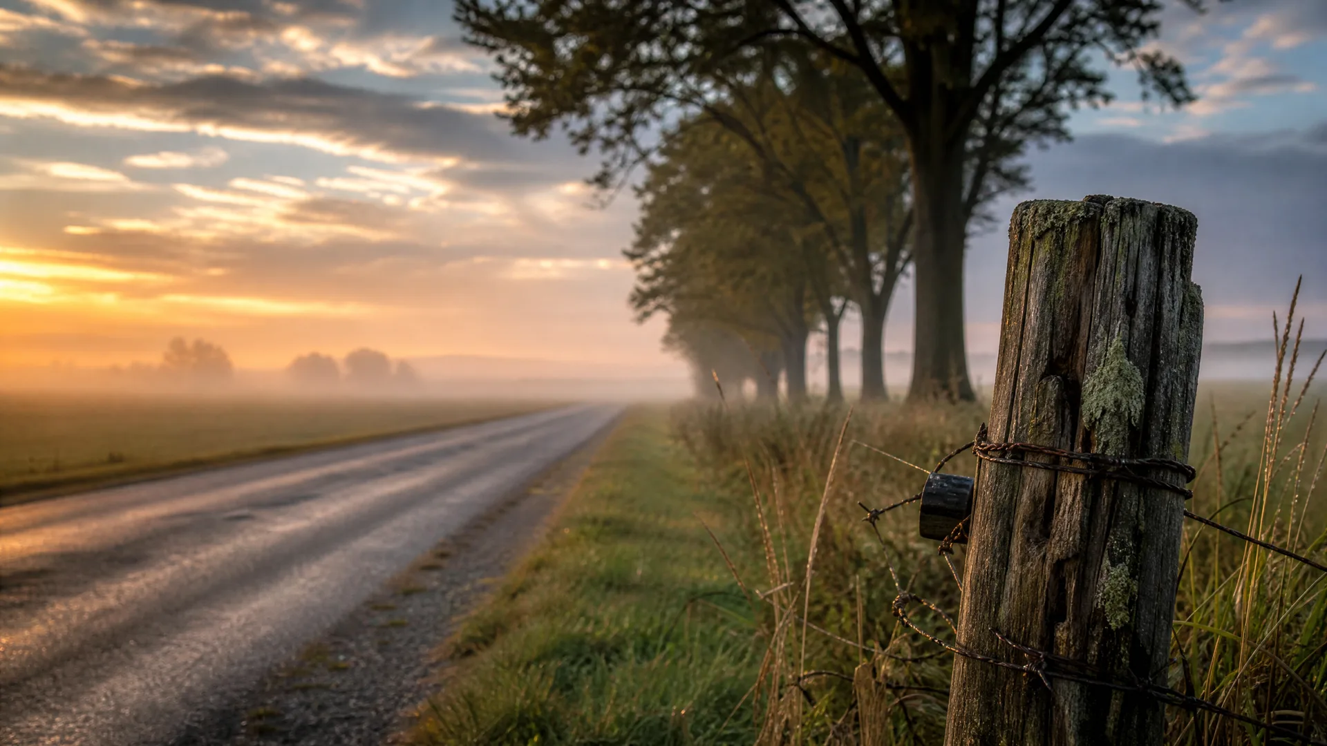 A wet rural road curves past a grassy verge and a row of trees in morning mist, with a weathered wooden fence post wrapped in barbed wire in the right foreground and an orange sunrise sky at left.
